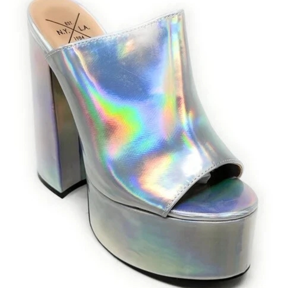 NYLA Silver Platform Mules with Chunky Heel